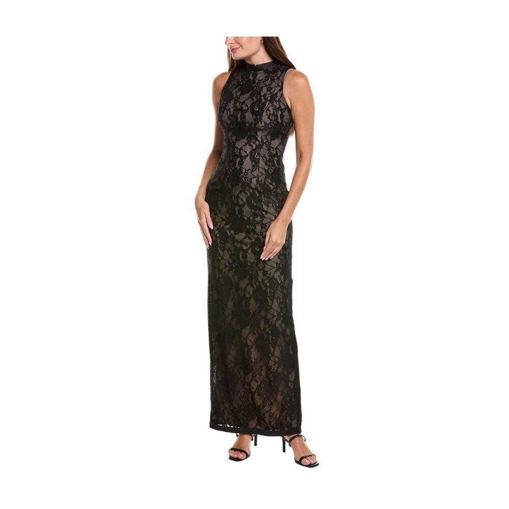 $895 NWT Rene Ruiz Collection Halter Lace Column Gown Black Nude Dress Sz 12